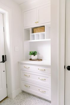 a white closet with drawers and a plant in the corner on top of it's shelf