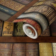 a book shelf filled with lots of books and a roll of paper on top of it