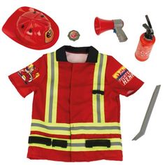 a red fireman's uniform with tools and supplies for the firefighter to use