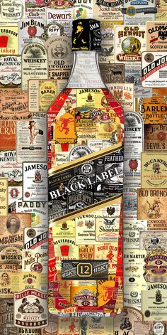 a collage of various liquor bottles and labels