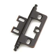 an image of a black door hinge with screws on the side and two holes in the middle