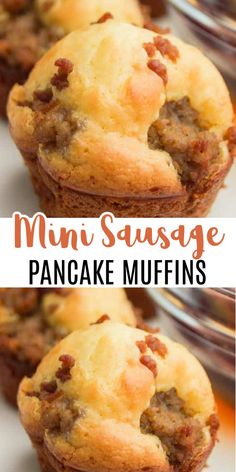 mini sausage pancake muffins on a white plate with the title above it