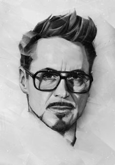 a black and white drawing of a man with glasses on his face, looking to the side