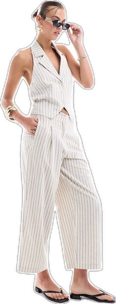 Pinstripe Pants With Pockets For Summer, Summer Pinstripe Pants With Pockets, Chic Pinstripe Pants For Summer, Striped Linen Pants For Spring, Striped Linen Bottoms For Spring, Pinstripe Wide Leg Bottoms For Summer, Modern Linen Straight Leg Bottoms, Summer Linen Bottoms With Vertical Stripes, Casual Pinstripe Summer Pants