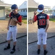 two pictures of a man with no shirt wearing baseball pants and holding a cell phone