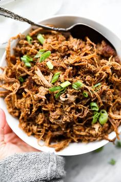 pulled pork in a white bowl with green onions