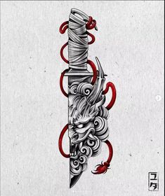 a drawing of a dagger with snakes on it and a snake wrapped around the blade