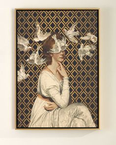 a painting on the wall with birds flying around it and a woman's face