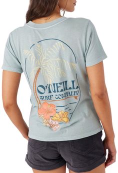 Fit & Design: Ovesized graphic tee Garment pigment dye Soft cotton feel Screen printed graphic on back 23" length Additional Details: Surf App, Oneill Womens, Womens Athletic Outfits, Athletic Outfits, Brand You, Silver Blue, Graphic Prints, Fun Sports, Shirts Tops