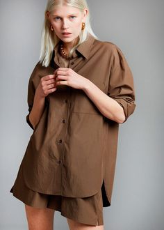 Lui Organic Cotton Shirt - Chocolate Shirt The Frankie Shop Brown Cotton Shirt For Work, Brown Cotton Shirt With Lapel Collar, Oversized Blouse With Roll-up Sleeves And Spread Collar, Oversized Brown Shirt For Spring, Brown Relaxed Fit Shirt For Work, Oversized Brown Shirt For Workwear, Lapel Collar Shirt For Daywear In Fall, Brown Shirt With Button Closure For Daywear, Oversized Brown Tops For Work