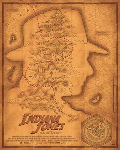 the indiana jones movie poster is shown in brown and tan tones, with an image of indiana