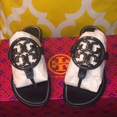 I Had Them As A Gift But It Was The Wrong Size And I Couldn’t Exchange. They Are Brand New!!! Designer Closed Toe Tan Sandals, Designer Tan Closed Toe Sandals, Designer Tan Sandals With Round Toe, Tory Burch Miller, Tory Burch Miller Sandal, Metallic Logo, Tory Burch Shoes, Women's Shoes Sandals, Leather Sandals