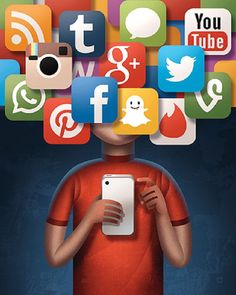 a person holding a cell phone in front of their head with social media icons above them