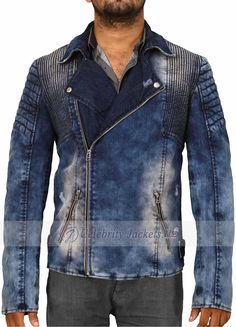 Distressed Faded Denim Jacket In Biker Style For Men Denim Biker Jacket With Pockets, Urban Denim Biker Jacket For Winter, Fitted Biker Denim Jacket For Winter, Fitted Denim Biker Jacket For Streetwear, Denim Biker Jacket For Winter, Spring Denim Biker Jacket, Edgy Fitted Denim Biker Jacket, Biker Denim Jacket, Meteor 350