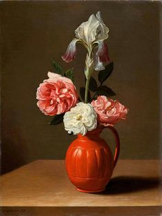 a painting of flowers in a red vase on a table with a gray wall behind it