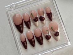 French Tip Press Ons, Almond Press On Nails, Nails Collection, Art Deco Nails, Cherry Nails, Simple Gel Nails, Pretty Gel Nails, Almond Acrylic Nails