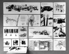 black and white photograph of various architectural drawings