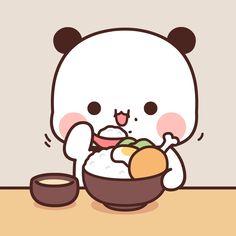 a cartoon bear eating food from a bowl