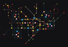 a black background with many different colored dots and lines on the map, including people