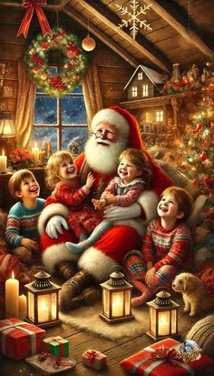 a painting of santa claus with children and presents in front of christmas lights on the floor