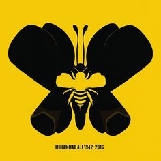 a black and yellow poster with a bee on it's back end, in front of a yellow background