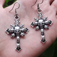 Offers Welcome! 20% Off Bundles Of 3 Or More Items! . . . New Skull Cross Earrings. Approx 6cm Long With Hooks. . . . _________ Skeleton Skulls Silver Religious Goth Punk Rock Christian Hook Nwot Brand New Without Tags Never Worn Boutique Jewelry Gift Present Halloween Wiccan Wicca Witch M 69k Punk Style Cross Jewelry For Halloween, Pierced Gothic Cross Jewelry, Christian Hook, Black Gothic Cross Earrings, Goth Cross Earrings, Gothic Cross-shaped Pierced Earrings, Cross Earrings, Boutique Jewelry, Punk Rock