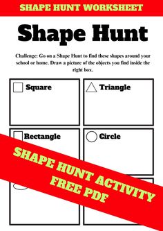 the shape hunt worksheet is shown in red and white with an orange ribbon