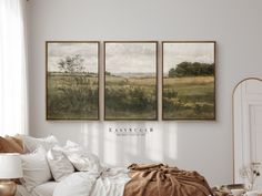 three paintings hanging on the wall above a bed in a room with white walls and pillows