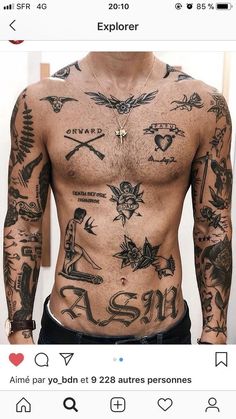 a man with many tattoos on his chest