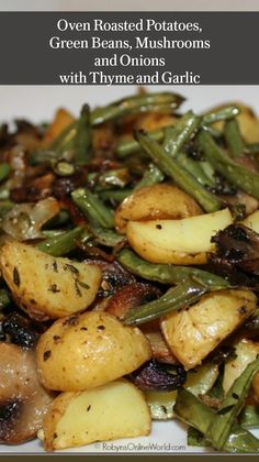 green beans, mushrooms and onions with thyme and garlic on a white platter