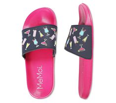 Book an extended vacay in these these bright and bubbly slides. Arch support and contoured edges help keep them comfy from sunrise to well past sunset. From MeMoi. Fun Vacation Slides, Fun Open Toe Slides For The Beach, Adjustable Pink Slides For Vacation, Fun Slip-on Slides For The Beach, Fun Beach Slip-on Slides, Arch Support, Slide Sandals, Fashion Shoes, Slides