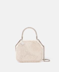 Women Almond Falabella Crystal Mesh Mini Tote Bag Luxury Silver Shoulder Bag With Pearl Handle, Luxury Chain Bag For Events, Luxury Tote Evening Bag With Chain Strap, Falabella Bag, Stella Kids, Stella Mccartney Falabella, Fancy Bags, Bags Logo, Silver Logo