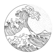 an ink drawing of the great wave in black and white