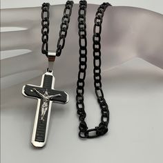 Cross And Prayer Our Father, Chain And Cross Stainless Steel, Chain Measures 26 Inches, Weight 50 Grams Ruby Necklace Pendant, Black Leather Necklace, Bullet Necklace, Unisex Earrings, Hand Necklace, Our Father, Pocket Watch Chain, Ruby Pendant, Mesh Bracelet