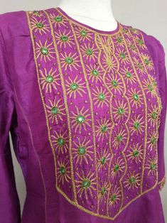 "Gorgeous vintage eighties/nineties Indian women's Kurta - Kurti tunic. Very pretty and quite unusual. Beautiful embroidered detail. Handmade, Indian. Exact fabric and cleaning recommendations unknown, probably rayon could be silk. Pull over the head, no zipper. Two layers, top is fairly opaque and inner cotton layer fairly sheer. Beautiful bright deep magenta pink color, gold edging. Green highlights on the bodice detail. Lg equivalent Western sizing - please go by the actual measurements. Exce Vintage Long Sleeve Dresses For Festivals, Vintage Long Sleeve Festival Dress, Purple Bohemian Kurta For Eid, Festive Vintage Long-sleeve Kurta, Summer Festive Purple Kurta, Purple Summer Festive Kurta, Embroidered Bohemian Purple Kurta, Bohemian Embroidered Purple Kurta, Fitted Kurta With Traditional Patterns For Festivals