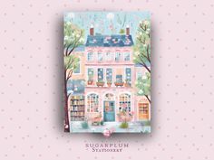 a pink house with trees and flowers on the front, surrounded by polka dot dots