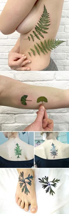 four different pictures of leaves on the back of a woman's arm and foot