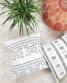 two black and white pillows sitting on top of a rug next to a potted plant