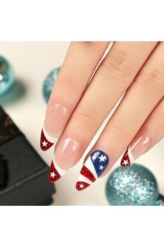 4th of July Press on Nails Medium Almond Fake Nails Glossy Red Glitter French Tip Full Cover Glue on Nails Red Blue White American Flag Design Patriotic Coffin False Nail for Women Girls 24Pcs Nails Medium Almond, Glitter French Tips, Fourth Of July Nails, Short Fake Nails, Pink Ombre Nails, Medium Almond, Blue Acrylic Nails, 4th Of July Nails, White Acrylic Nails