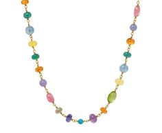 A rainbow of mixed-shape beads make this stunning Mallary Marks necklace a must-have for any serious collector. With a color to match everything, each bead - including tourmaline, aquamarine, amethyst, tanzanite, mandarin garnet, tanzanite, chalcedony, peridot, sapphire and turquoise - is wrapped in 22K yellow gold wire to create the continuous strand. Layered with your other favorites or worn alone, it also offers an understated elegance. total length : 16 3/4" : 22K yellow goldaquamarine : 10. Elegant Multicolor Single Strand Gemstones, Multicolor Multi-stone Gemstones For Jewelry Making, Elegant Multicolor Polished Gemstone Beads, Elegant Multicolor Multi-stone Beaded Necklace, Multicolor Briolette Gemstone Beads Jewelry, Multicolor Natural Briolette Gemstones, Natural Multicolor Briolette Gemstones, Multicolor Briolette Gemstone Bead Necklaces, Multicolor Briolette Gemstone Beads Necklace