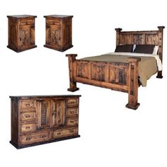 a bed, dresser and night stand are shown in three different angles with the same wood finish