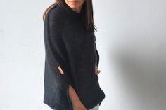 "Black mohair silk sweater, black mohair silk pullover, soft warm mohair silk cardigan, black hand knitted mohair poncho, soft mohair sweater So comfy, fuss free and great for layering. Balance the dramatic draping with leggings or your favourite skinny jeans. Go for a casual, lived in feel or dress it up for a dramatic evening look, depending on your mood. Can be worn open or belted. Will work well for maternity wear as well. Light weight jersey knit. Content + Care - 75% mohair, 25 % silk - Ha Silk Sweater, Silk Cardigan, Mohair Sweater, Cardigan Black, Black Hand, Maternity Wear, Sweater Black, Cardigans For Women, Black Sweaters