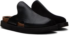 Paneled suede and buffed leather slip-on loafers in black. · Cutout at sides · Logo patch at molded cork footbed · Grained leather lining · Foam rubber midsole · Treaded Vibram® outsole Supplier color: Black Suede Shoes Men, Leather Slippers For Men, Half Shoes, Feminine Shoes, Black Suede Shoes, Black Men Fashion Swag, Cute Shoes Heels, Black Slip On, Sandals For Men