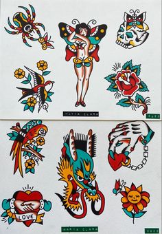 an assortment of temporary tattoos on a piece of paper with images of women and flowers