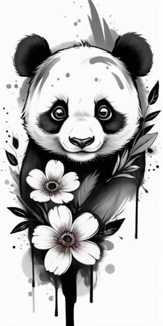 a panda bear with flowers and leaves on it's chest, painted in black and white