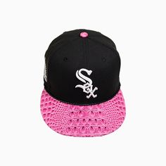 breyers-buck-50-chicago-white-sox-hat-with-leather-visor-breyers-tcwsh-blk-pink Pink Curved Brim Trucker Hat, Customizable Pink Snapback Hat With Curved Brim, Pink Mesh Trucker Snapback Hat, White Sox Hat, Sox Hat, Unique Fits, Black Series, Classic Watches, White Sock