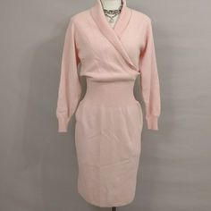 Beautiful Pink Shade On This Lambswool Angora Blend Dress By Raoul. Very Feminine Color And Cut. Snug Waist And Shawl Collar That Could Be Worn Revealing Or Demure. Looks Never Worn, No Pilling Or Wear Evidence, Two Small Faint Marks (See Close Up) From Storage. Shown On A 6 Mannequin, Length 45", Bust Flat 36", Waist Flat 26", Hips 37" - Has Stretch Can Go Larger With Fit Preference. Raglan Sleeve Allows Flexible Shoulder Sizing. Angora Sweater Dress, Blush Pink Sweater, Pink Sweater Dress, Angora Sweater, Soft Feminine, Pink Shade, Shawl Collar, Pink Sweater, Raglan Sleeve