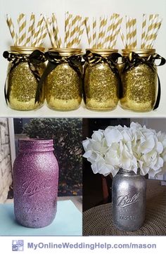 there are four different mason jars with paper straws in them and one is decorated with flowers