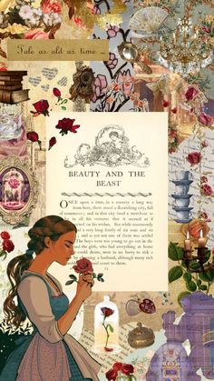 an image of a woman with flowers in her hand and the words beauty and the beast on it