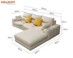 the sectional sofa is shown with measurements for each seat and foot rest, along with two pillows